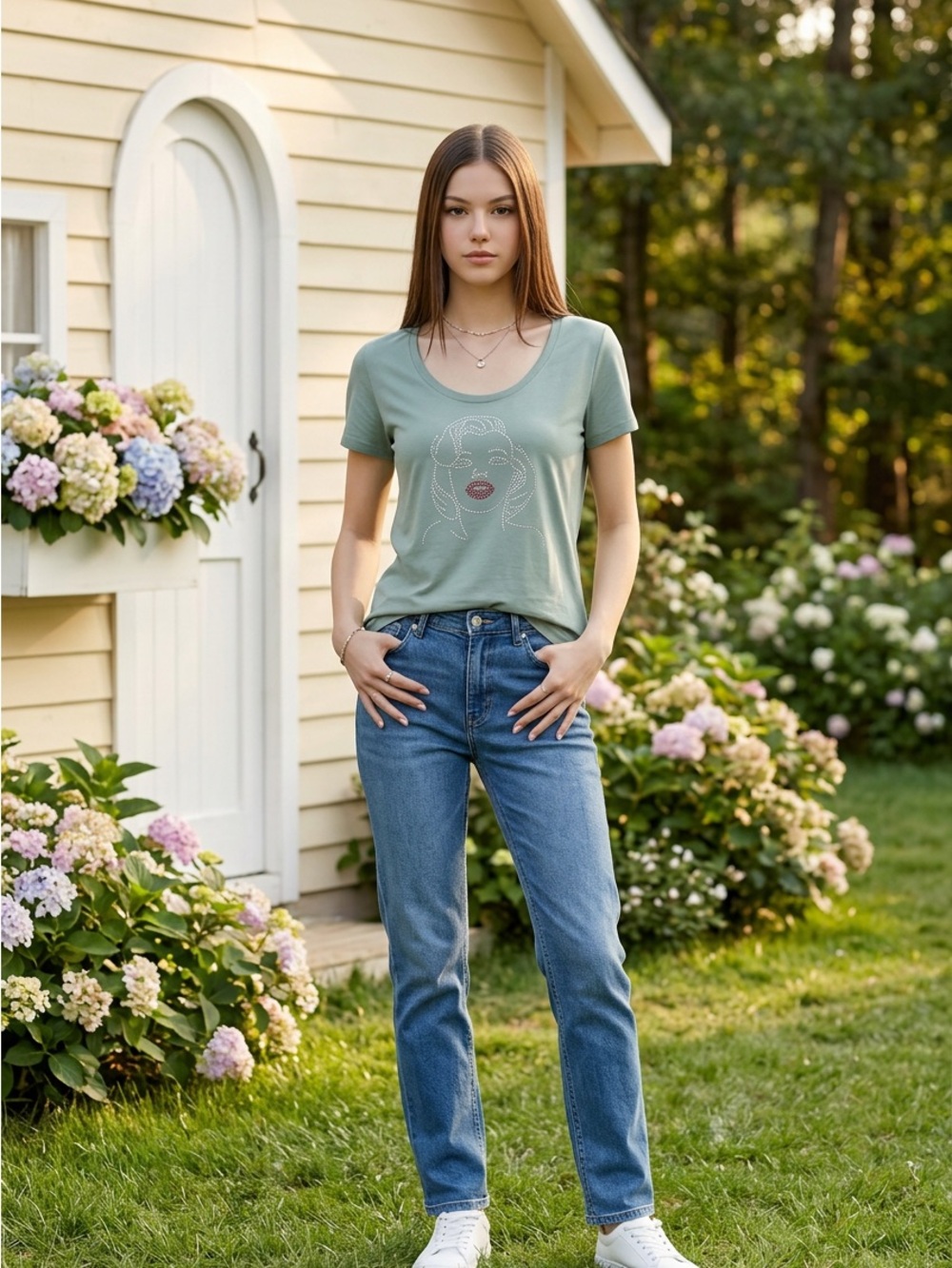 Next Level Apparel Sage Green Graphic Tee with Blue Straight-Leg Jeans
